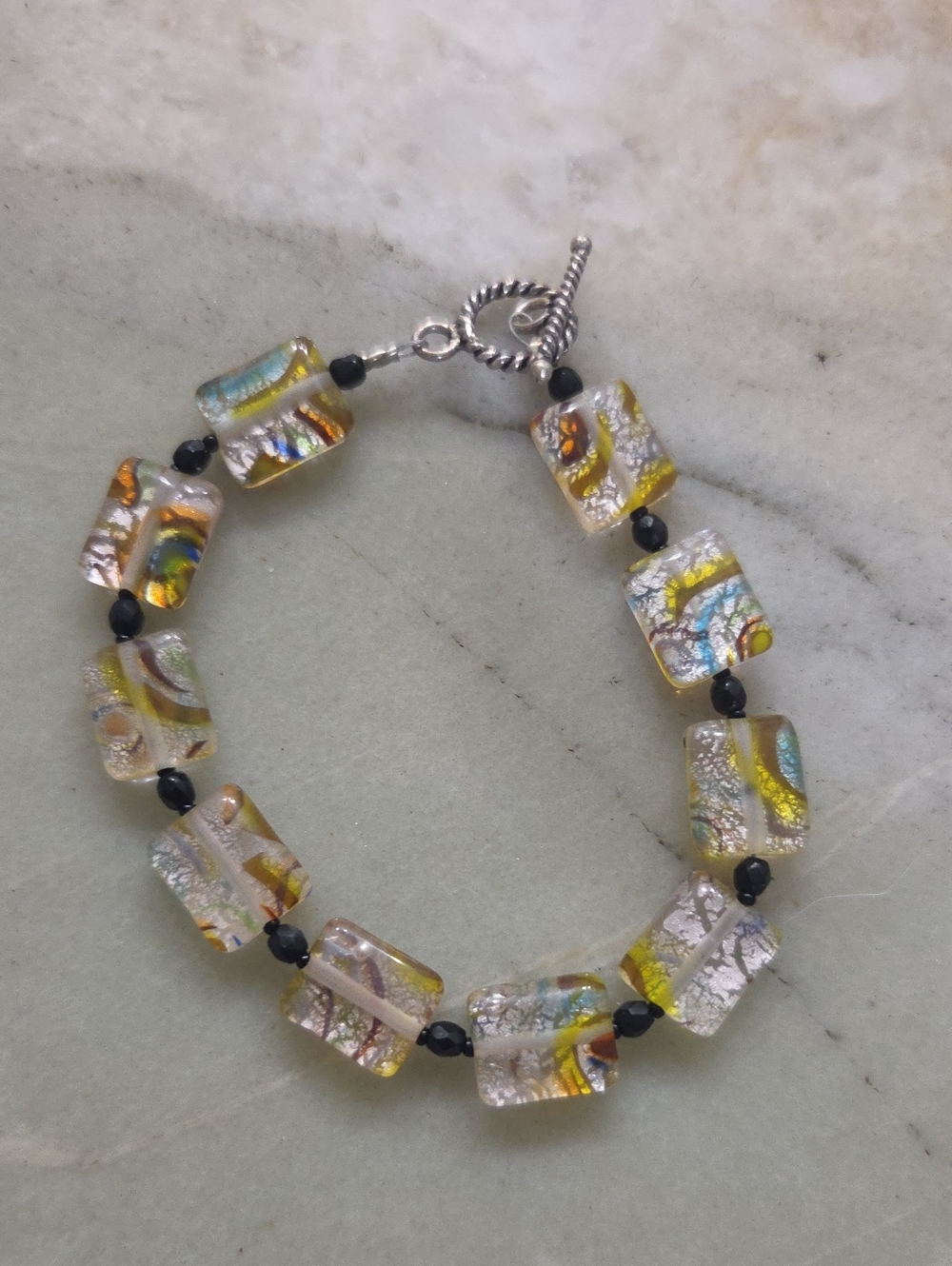 Dichroic Glass Rectangle Bead Bracelet - Yellow Accent